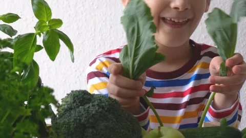The boy is looking at green vegetables. Close-up Stock Footage 223108556