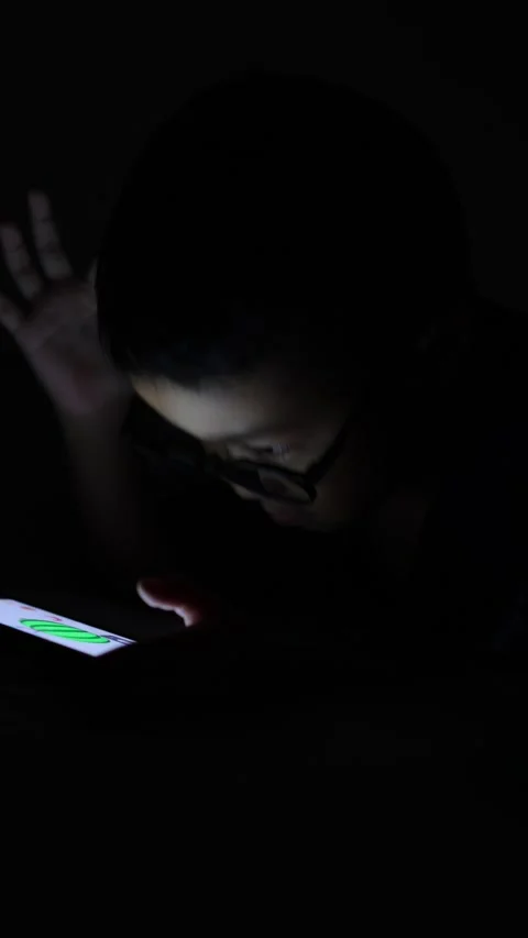 The boy is looking at his cell phone screen at night. Stock-Footage 333888301