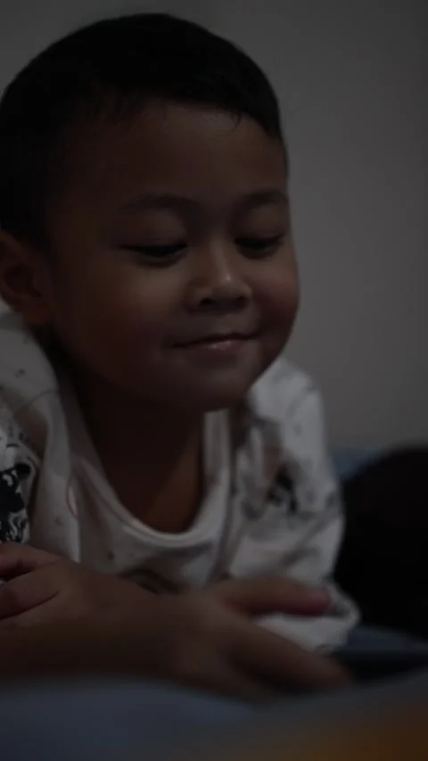 The boy is looking at his cell phone screen at night. Stock Footage 333888308
