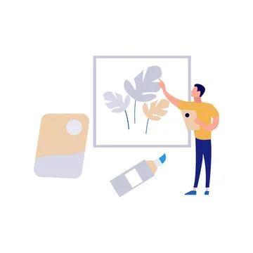Boy looking at leaf painting. Stock Illustration