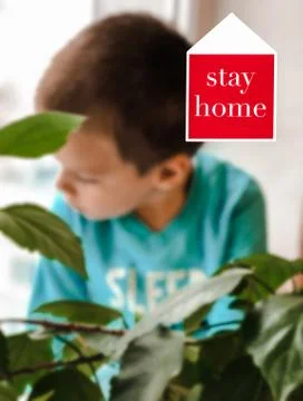 Boy looking out the window and sign stay home. Security measures, quarantine. Stock Photos