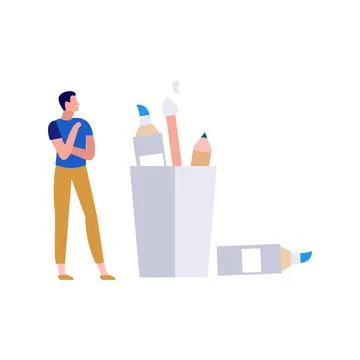 Boy looking at painting tools. Stock Illustration