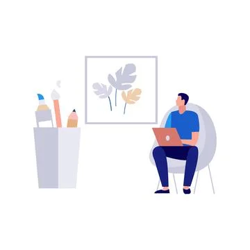 Boy looking at painting while working. Stock Illustration