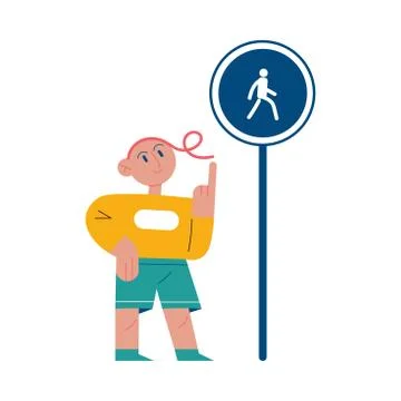Boy looking at pedestrian zone road sign and memorizing traffic rules Stock Illustration