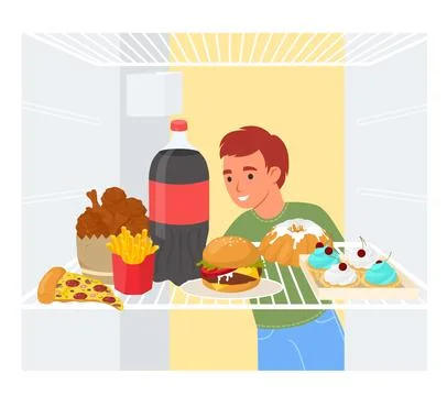 Boy looking at refrigerator flat cartoon vector Stock Illustration