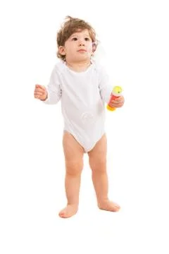 Boy looking at soap bubbles Foto stock