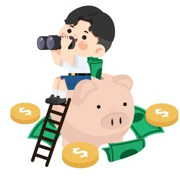 Boy Looking Through Binoculars on Piggy Bank Savings Stock Illustration