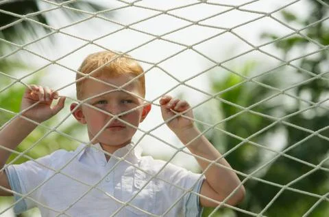 Boy looking through net Stock Photos