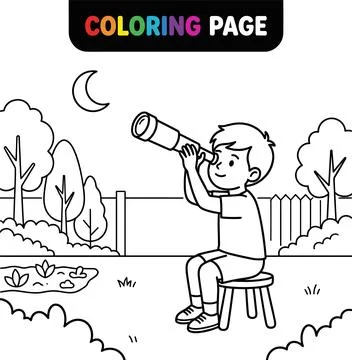 Boy Looking Through Telescope at Night Sky Coloring Page. Stock Illustration