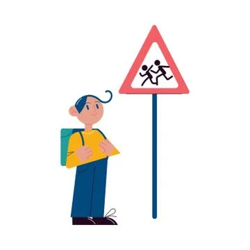 Boy looking at warning sign about children near school and memorizing traffic イラスト素材