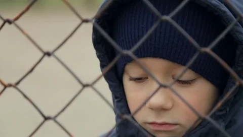 The boy looks at the camera through the grid. The child's portrait Stock-Footage 84064600