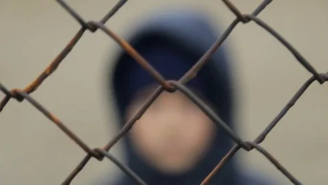 The boy looks at the camera through the grid. The child's portrait Stock-Footage 84085621