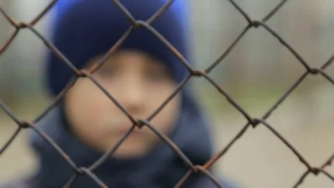 The boy looks at the camera through the grid. The child's portrait Stock Footage 84085711