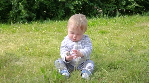 The boy looks at the stone Stock Footage 133178703
