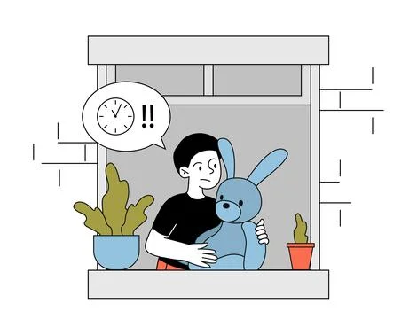 Boy looks window at night. Kid with fluffy rabbit look out window. Son worries Stock Illustration