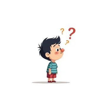 Boy lost in thought pondering complex questions illustrated with hovering q.. 스톡 일러스트