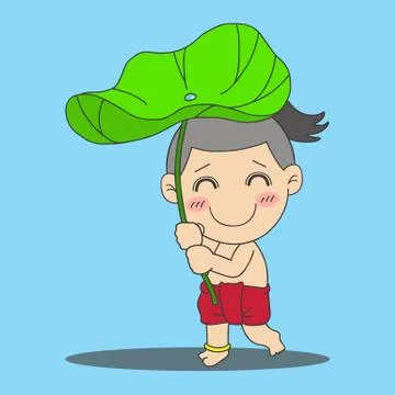 Boy with lotus leaf Stock Illustration