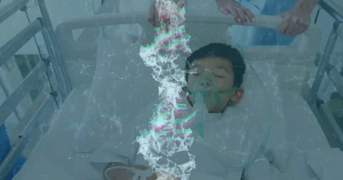 Boy lying on bed with O2 mask, nurse appearing, pushing, moving to treatment Stock Footage 333968349