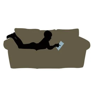 A boy lying down on sofa and reading, silhouette vector Stock Illustration