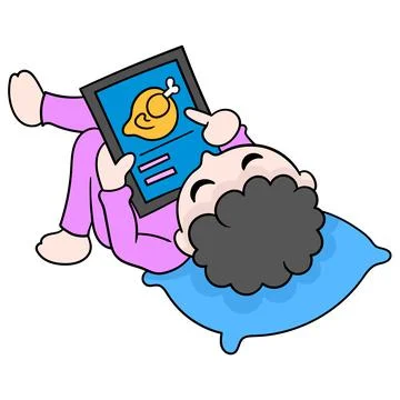 A boy is lying down while ordering food from an online tablet device. doodle  Stock Illustration