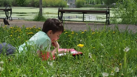 Boy  lying on green grass and reading book in park on summer clear day. Stock Footage 274166413