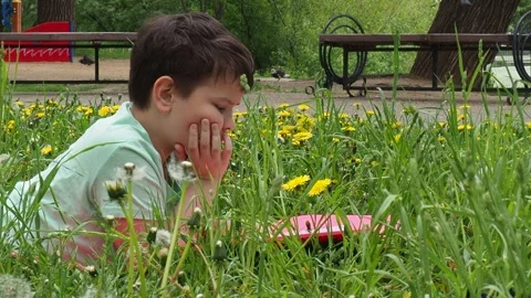 Boy  lying on green grass and reading book in park on summer clear day. Stock Footage 274167284