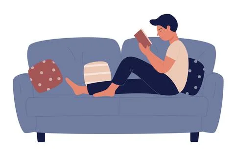 Boy lying on sofa to read and relax with paper book, guy reading in lazy comfort Ilustración de archivo