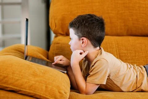 Boy lying on a sofa using the laptop 库存照片