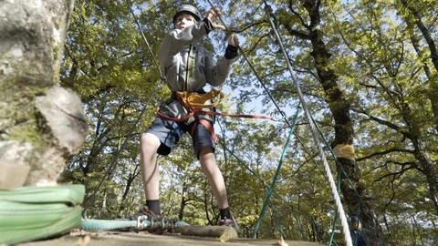 Boy makes it to tree at adventure park Stock Footage 103175780