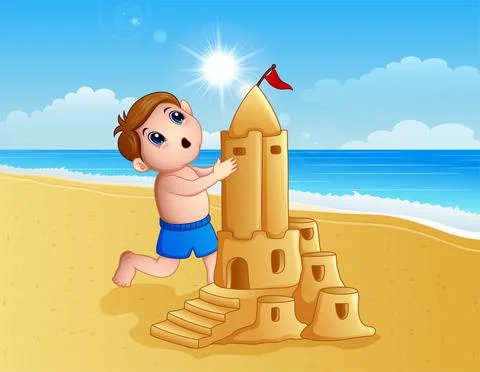 Boy making a big sand castle at the beach Stock Illustration