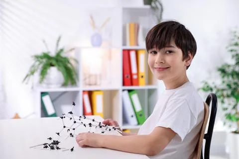 Boy making DNA structure model at desk indoors. Space for text 写真素材