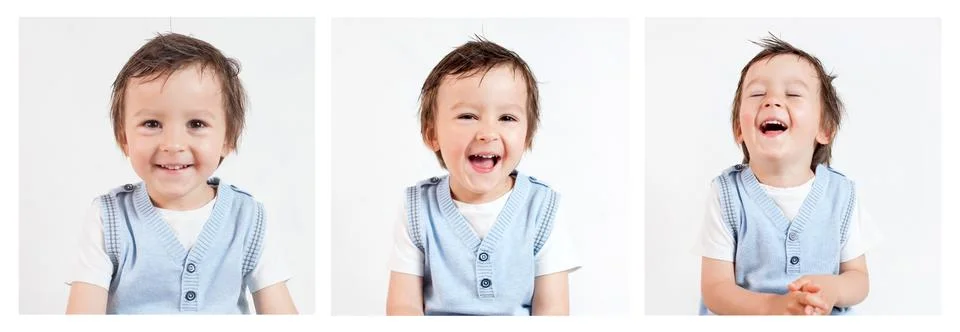 Boy, making funny faces on a white background Stock Photos