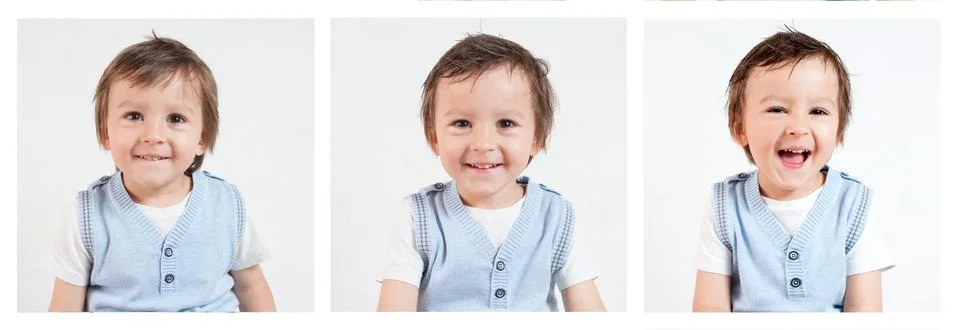 Boy, making funny faces on a white background Stock Photos