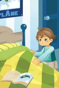 Boy making his bed Stock Illustration