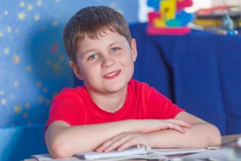 Boy making homework Foto stock