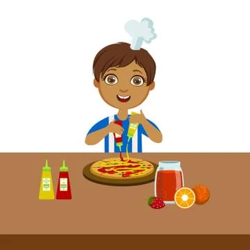 Boy Making Pizza, Cute Kid In Chief Toque Hat Cooking Food Vector Illustration Stock Illustration