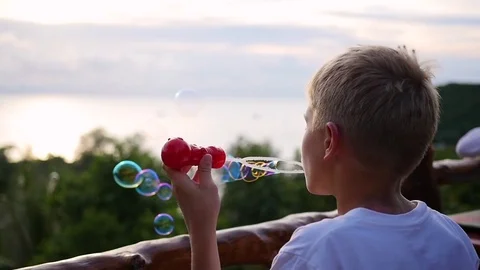 The boy is making soap bubbles. Panoramic view. Closeup Vidéo 75186525