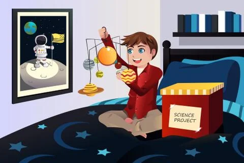 Boy making a solar system science project Stock Illustration