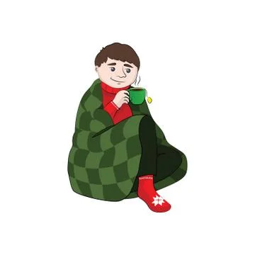 Boy (man) in a plaid drinks tea. Vector color illustration Stock Illustration