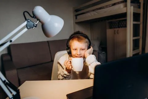 Boy mask learning online lesson technology laptop Stock Photos