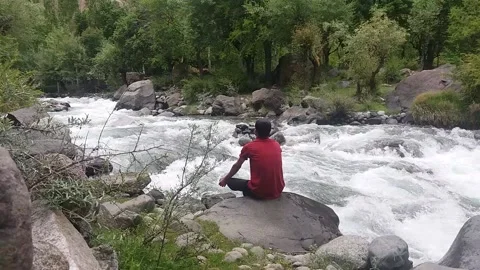 A boy is mediating at the bank of a water stream in a forest Stock Footage 131709460