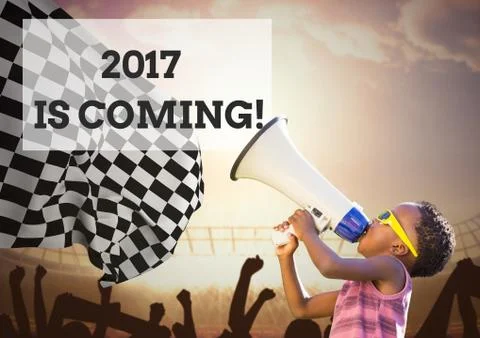 Boy with megaphone against 2017 new year sign Stock Photos