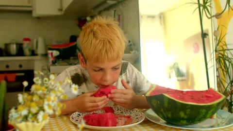 Boy with messy hands devouring ripe watermelon with laughter Stock Footage 321028084