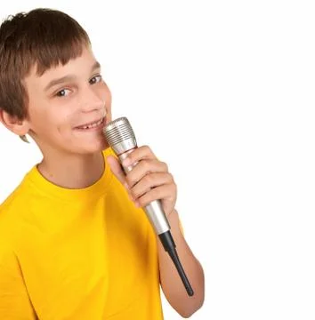 Boy with microphone on white Stock Photos