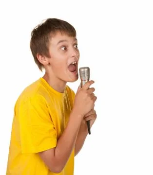 Boy with microphone on white Stock Photos