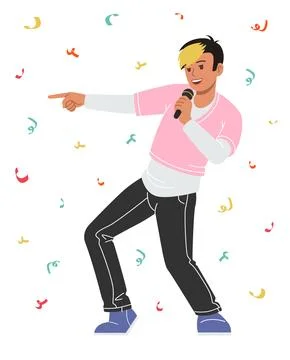 Boy with microphone. young man singing song, confetti on background. Karaoke Stock Illustration