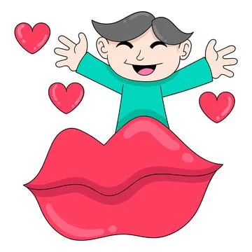 Boy is missing big kiss lips, doodle icon image kawaii Stock Illustration
