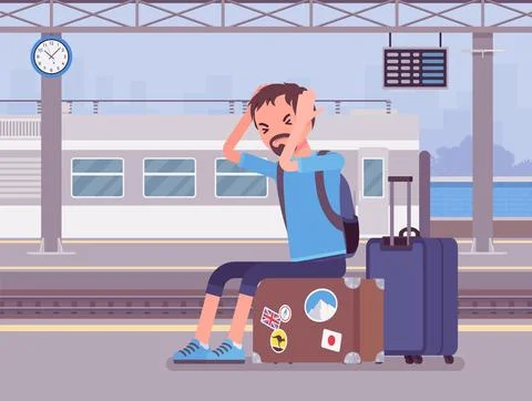 Boy missing the train, left in despair at trainstation Stock Illustration