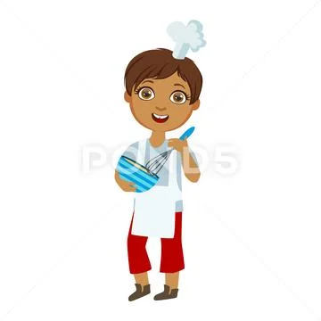 Boy Mixing Sauce In Bowl With Whip, Cute Kid In Chief Toque Hat Cooking Food Stock Illustration