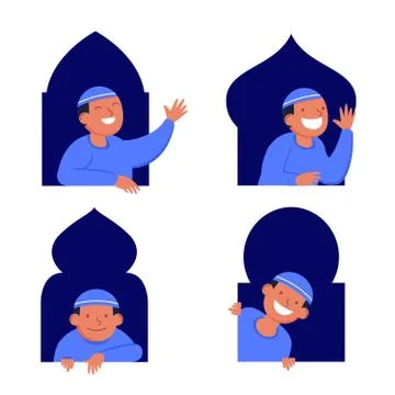 Boy Moslem Flat Character Peeping In The Window Stock Illustration